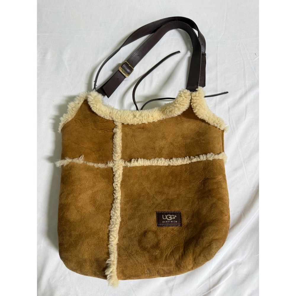 UGG Australia Chestnut Suede Shearling Trim Crossbody Hobo Bag Brown Leather